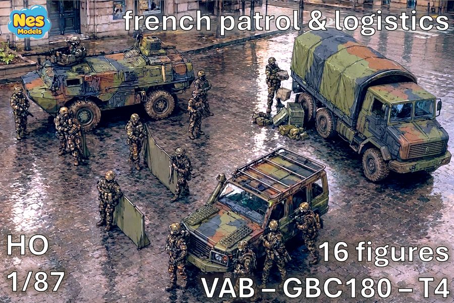 Patrouille et logistique française, VAB, GBC180 et Masstech T4, échelle HO