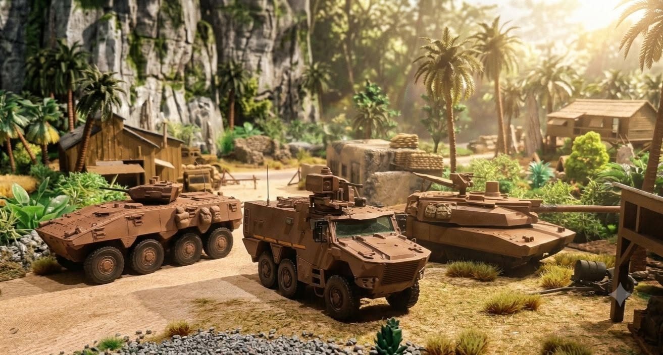 Trois véhicules peints en diorama, lumière naturelle